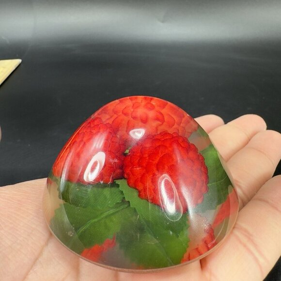 Dome Shape Acrylic Resin Lucite Round Paperweight Red Raspberry Leaves Vintage - Picture 11 of 13